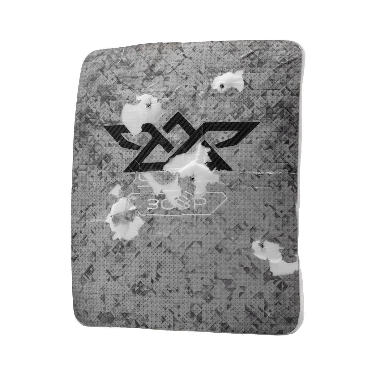 Gray textured shooting target with multiple bullet holes and black geometric logo in center.