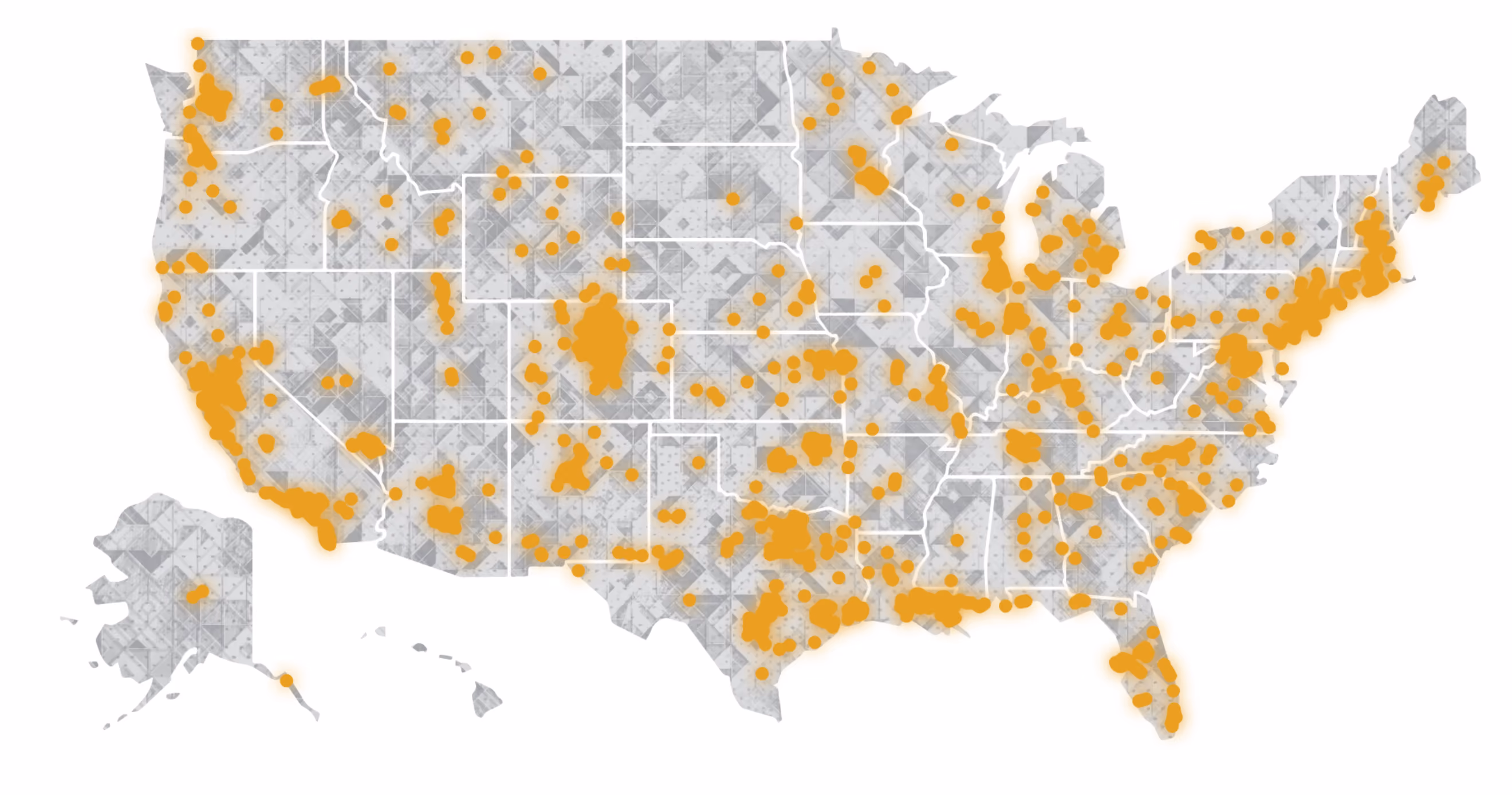 U.S. map showing orange dots clustered in major cities and regions across the country.