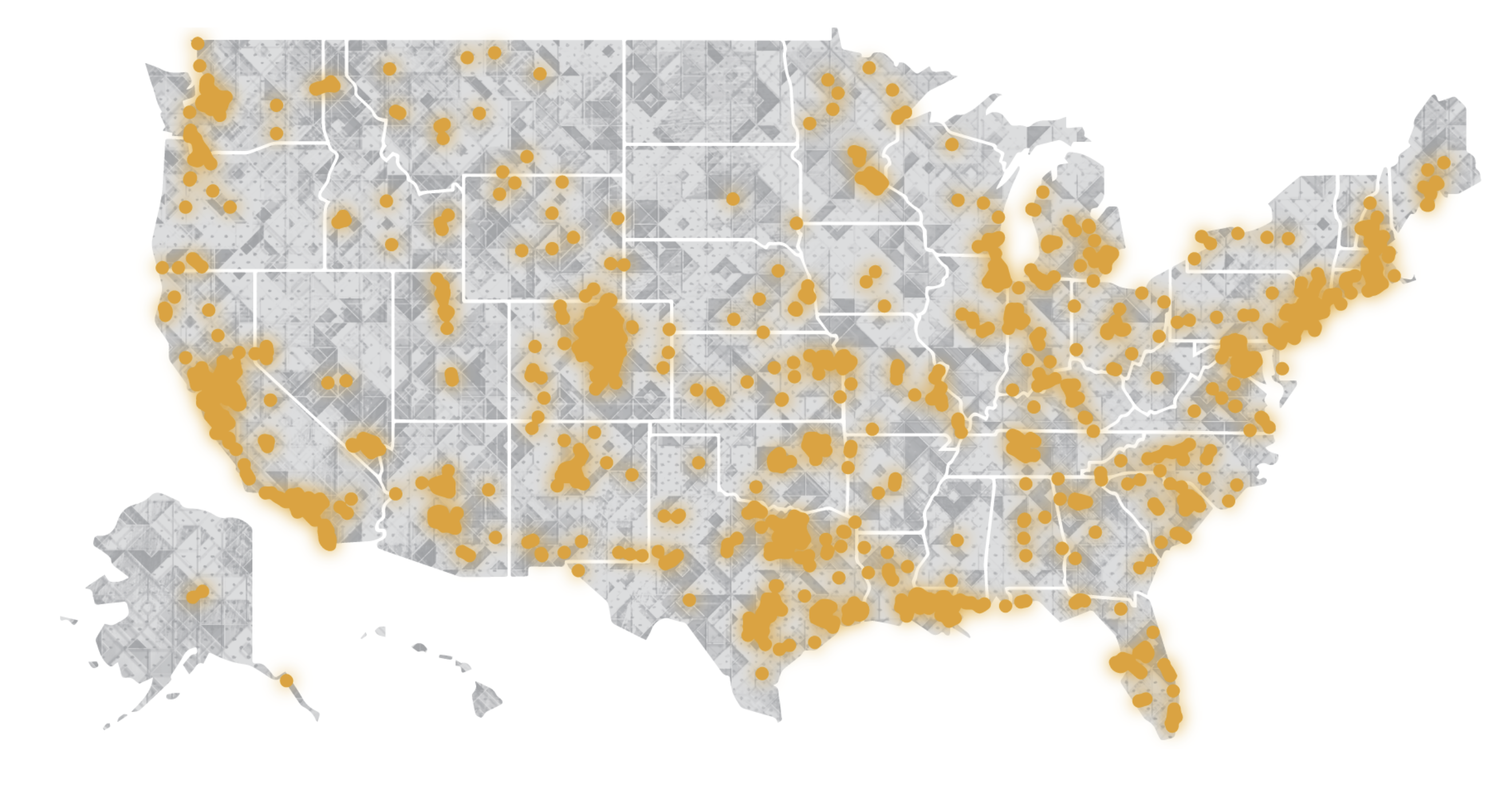 U.S. map showing orange dots clustered in major cities and regions across the country.