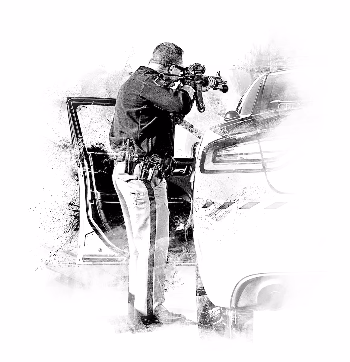 Police officer aiming a rifle while standing next to an open police car door.
