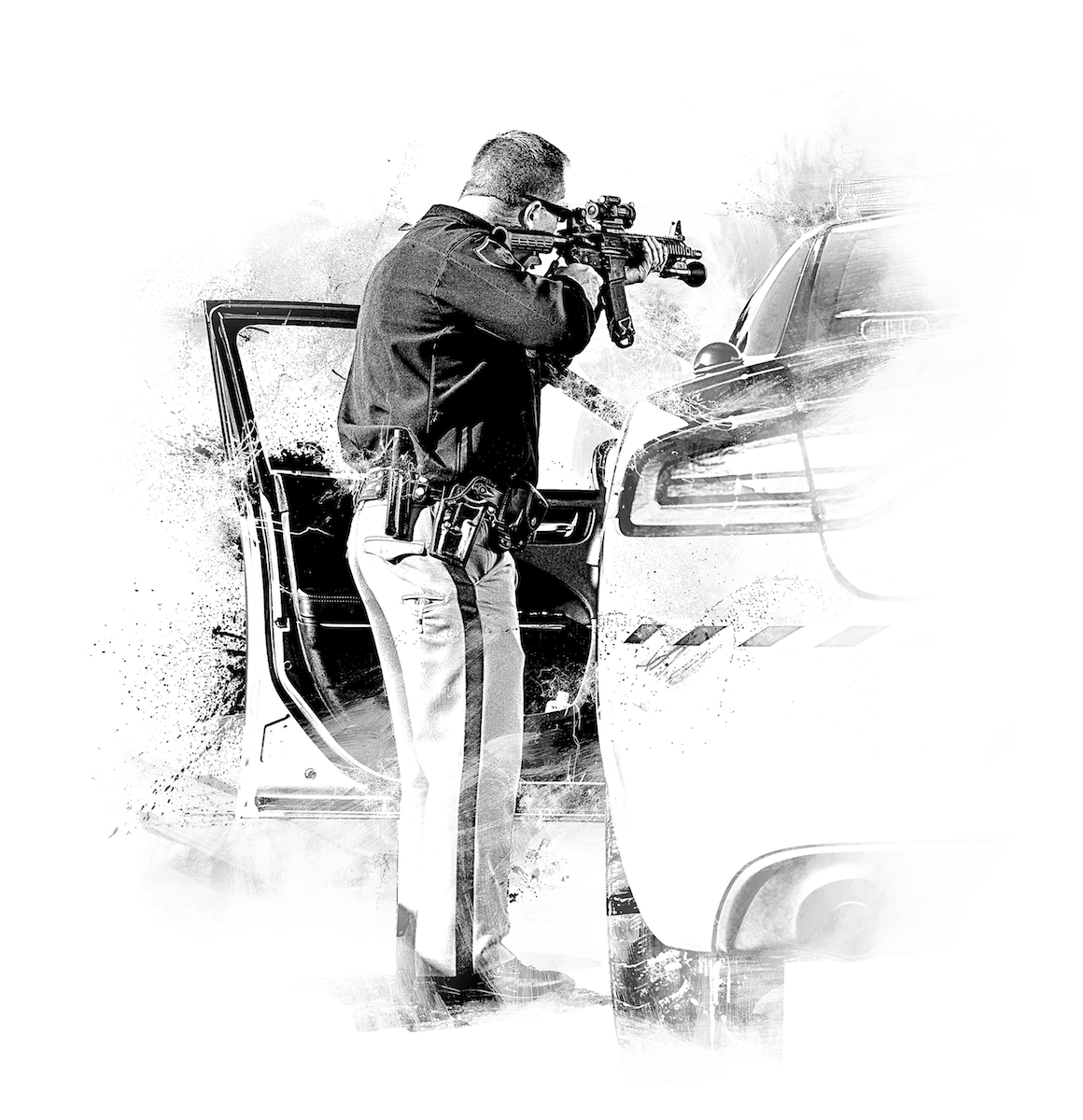 Police officer aiming a rifle while standing next to an open police car door.