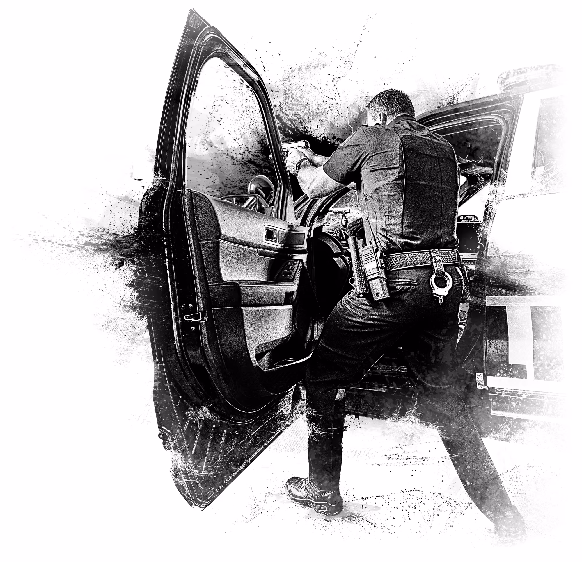 Police officer aiming a handgun from the open door of a patrol car in black and white.