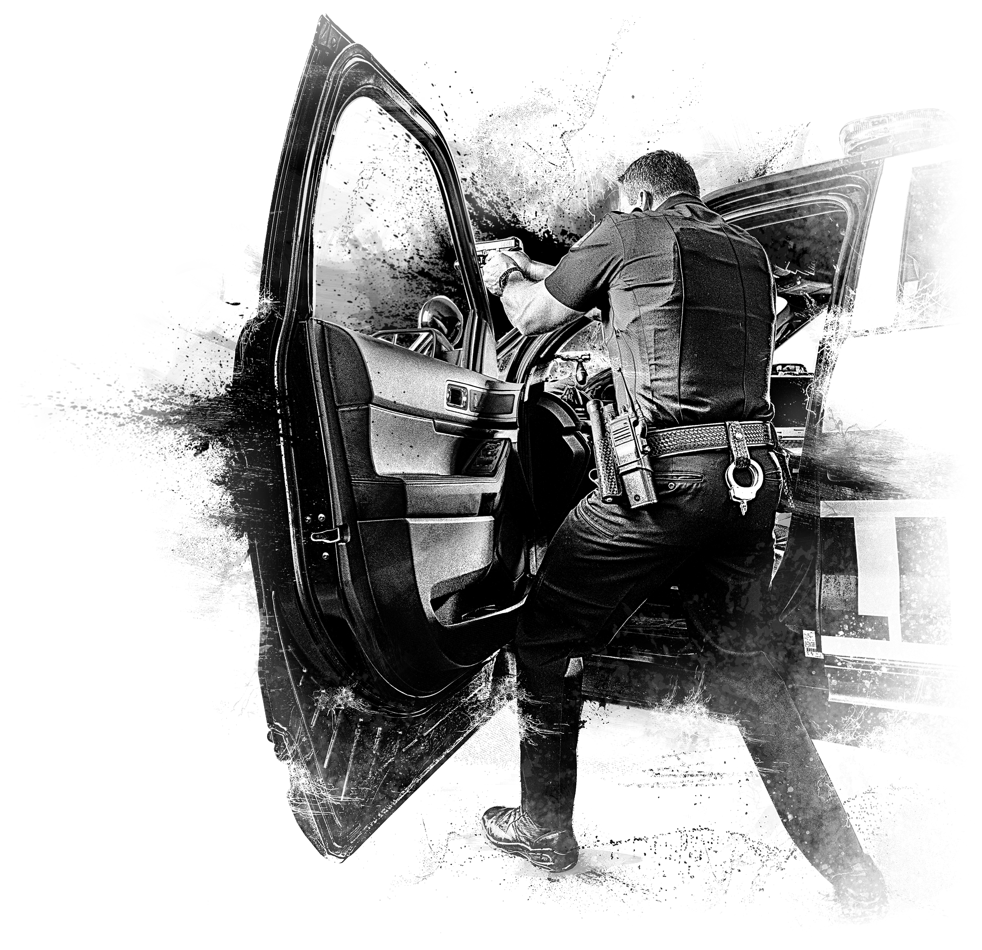 Police officer aiming a handgun from the open door of a patrol car in black and white.