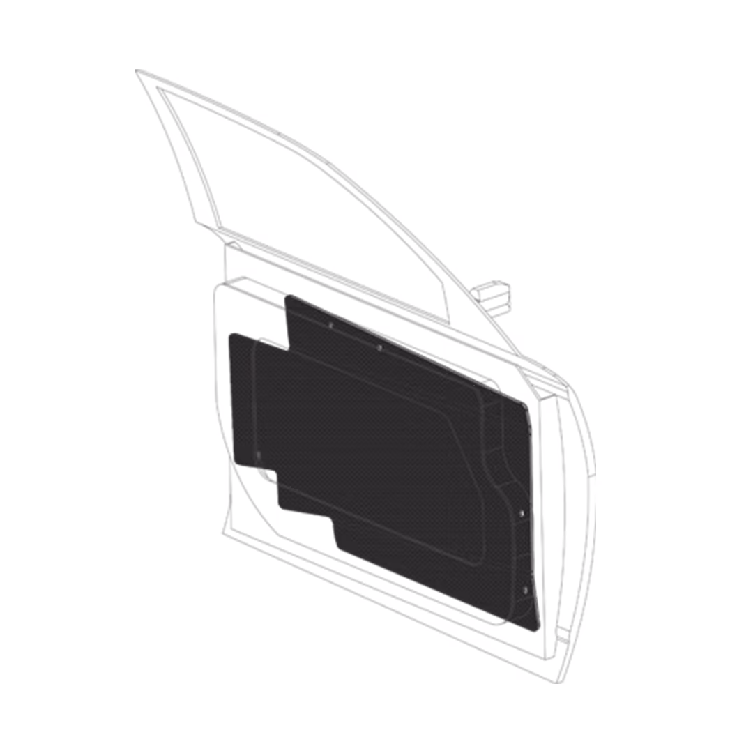 Diagram of a car door with three layered black protective panels installed inside.