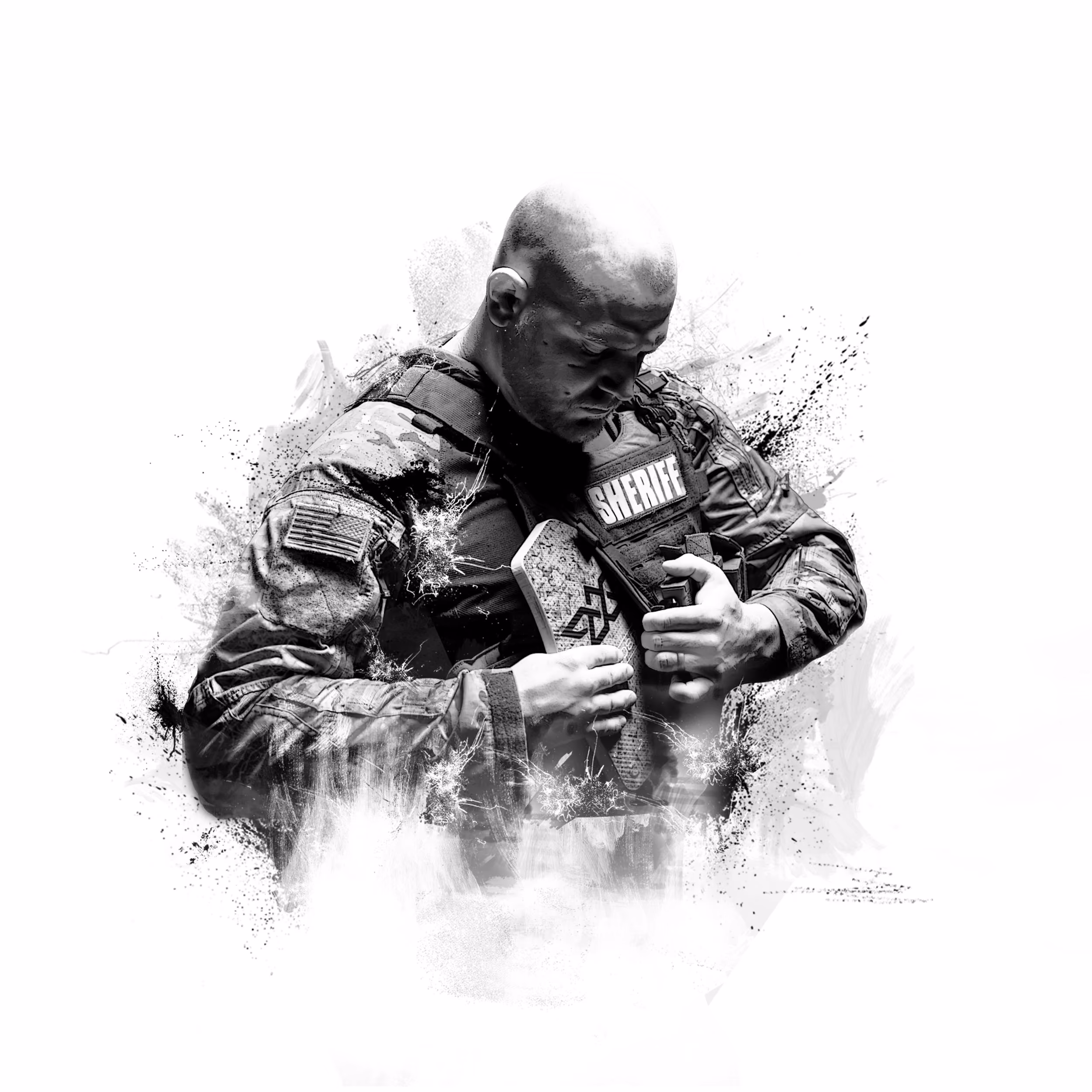 Black and white image of a sheriff adjusting his tactical vest with an American flag patch on his sleeve.