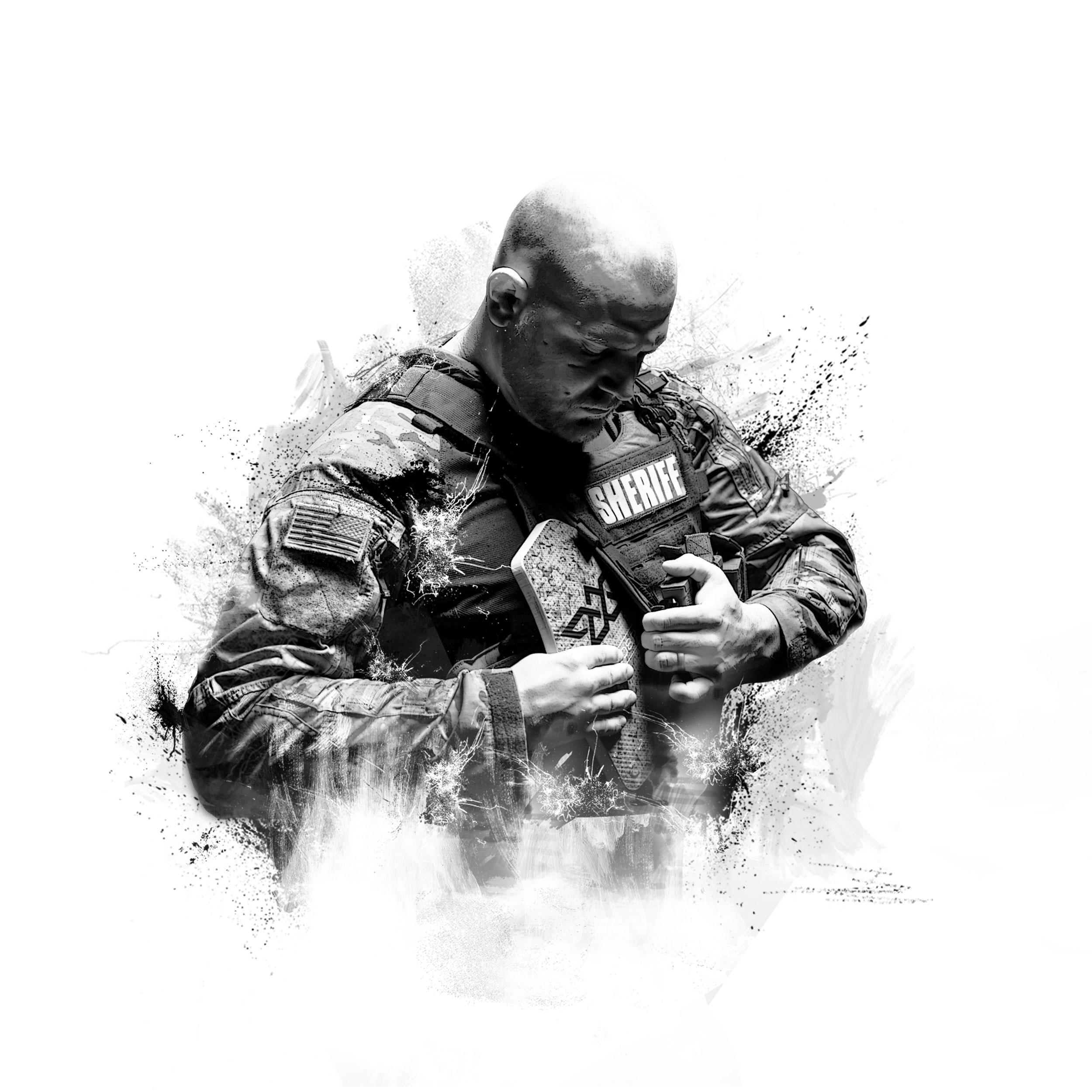 Black and white image of a sheriff adjusting his tactical vest with an American flag patch on his sleeve.