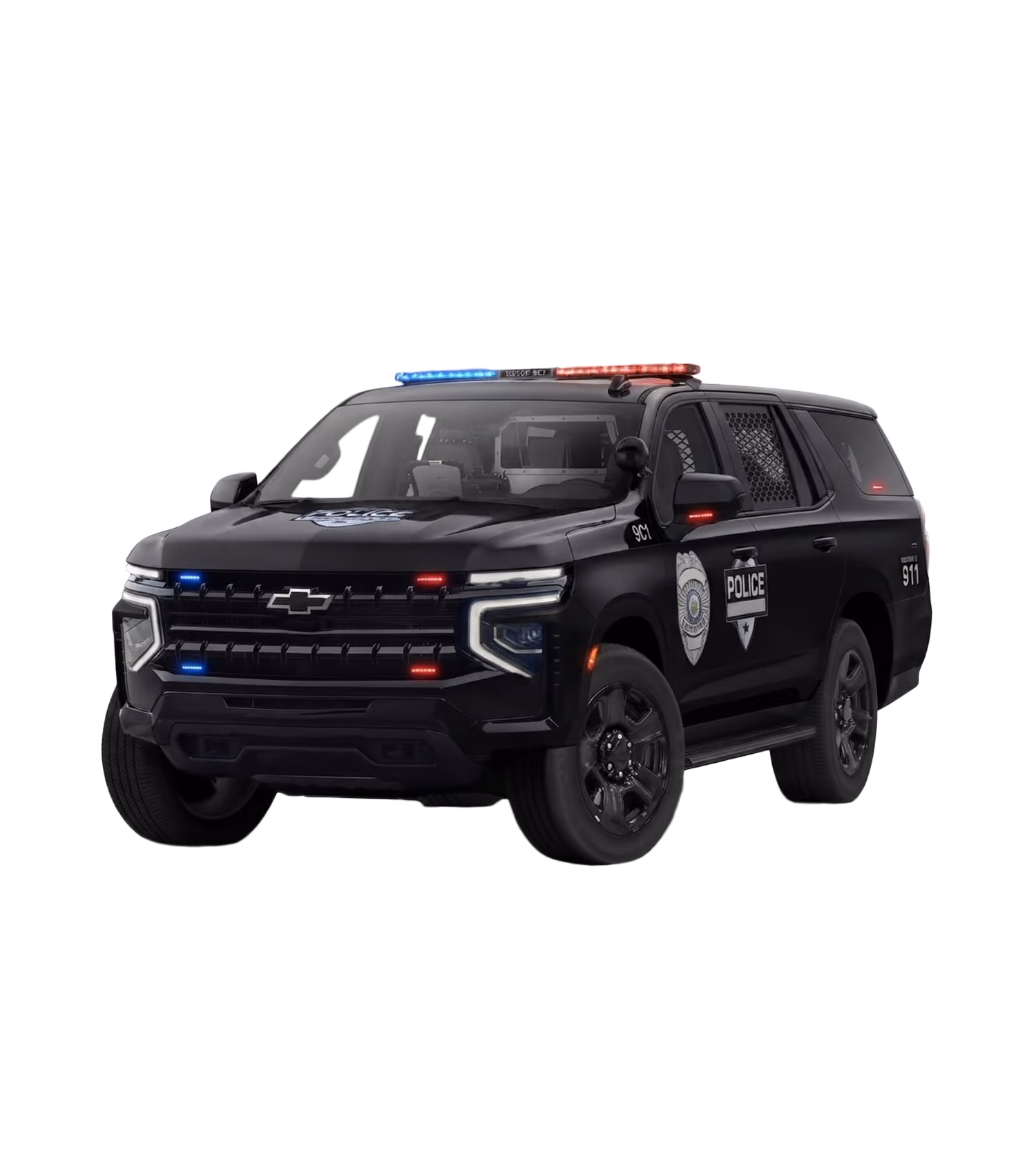 Black Chevrolet Tahoe police SUV with red and blue emergency lights and police badges on doors.