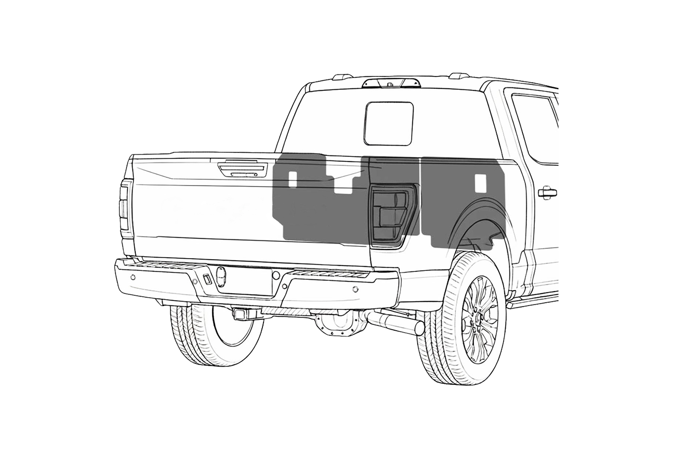 Rear and side view of a pickup truck with a shadow of a bulkhead on the bed area.