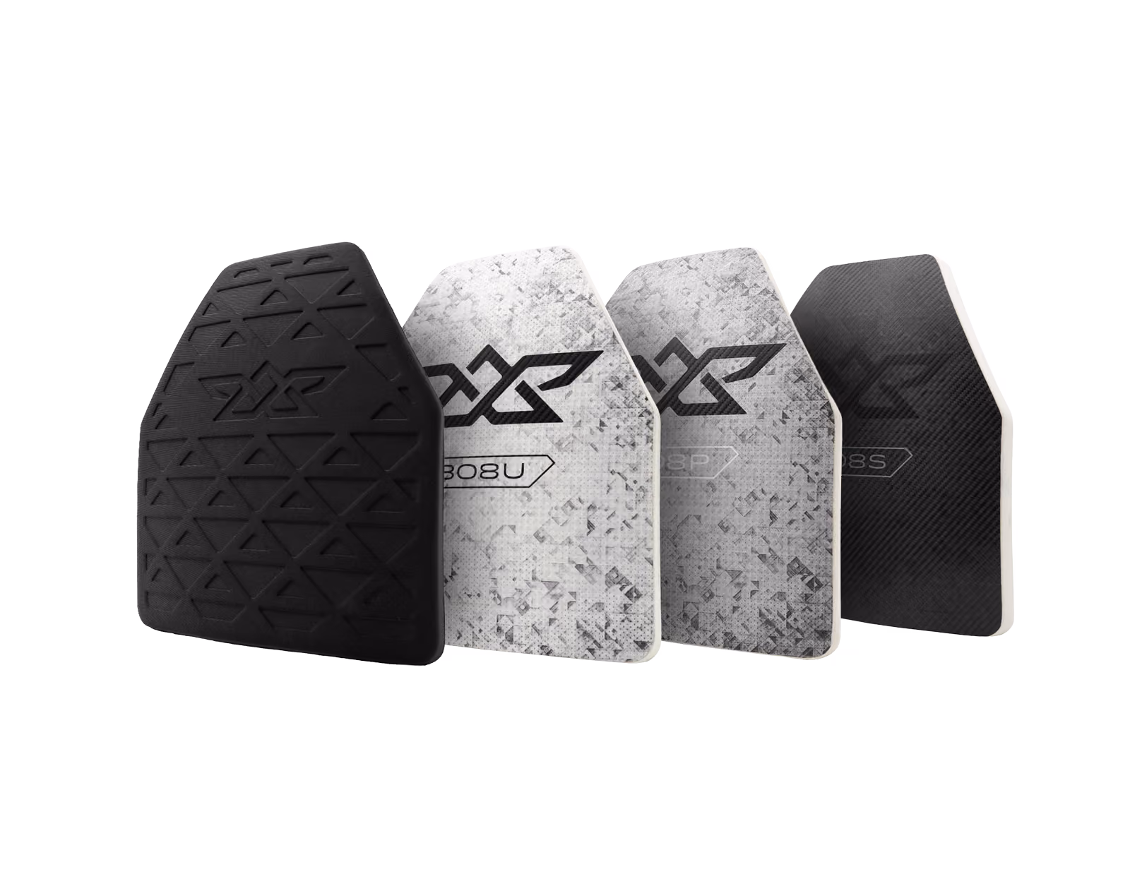 Four rifle plates with distinct textures and markings arranged in a row on a white background.
