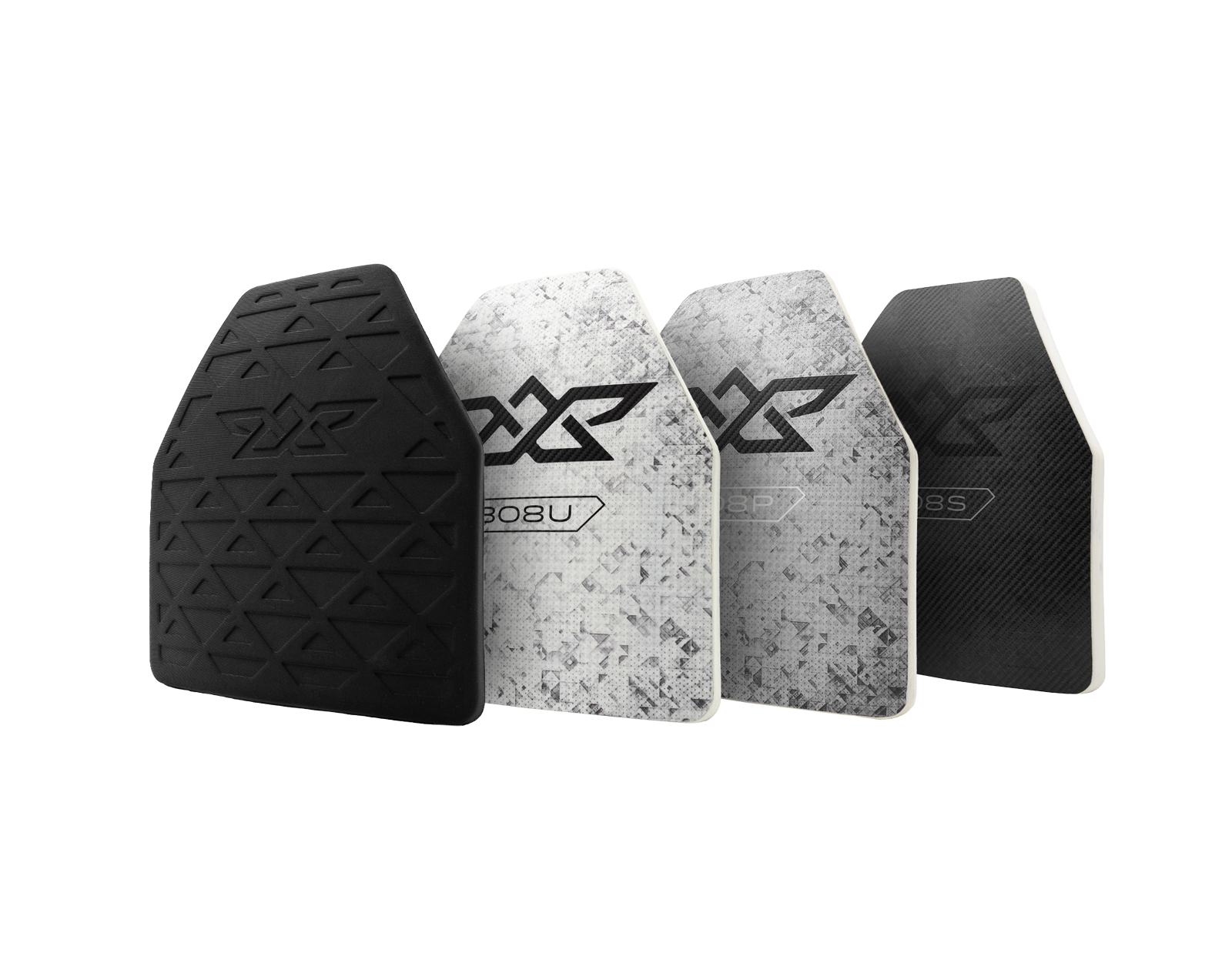 Four rifle plates with distinct textures and markings arranged in a row on a white background.