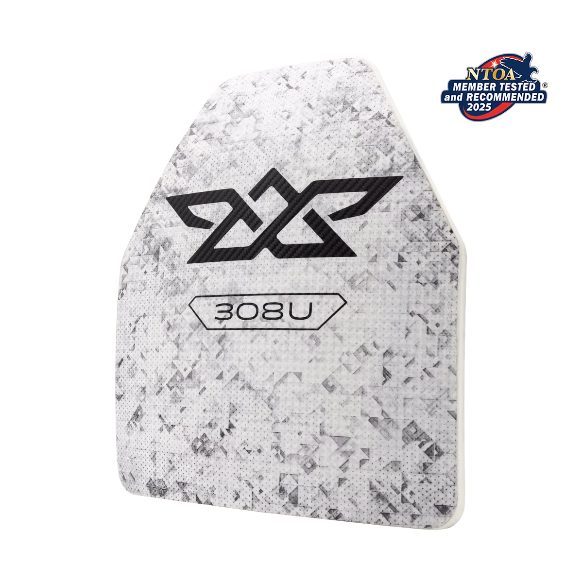 White textured ballistic armor plate marked with '308U' and a black stylized logo, NTOA member tested badge