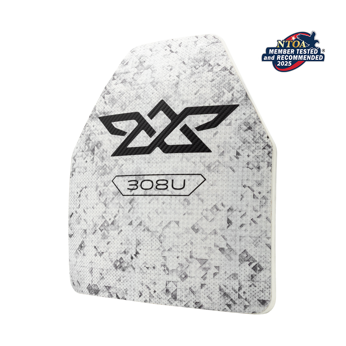 White textured ballistic armor plate marked with '308U' and a black stylized logo, NTOA member tested badge