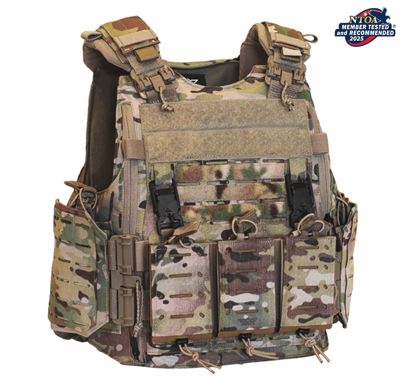Front view of a camouflage tactical plate carrier vest with multiple pouches and straps.
