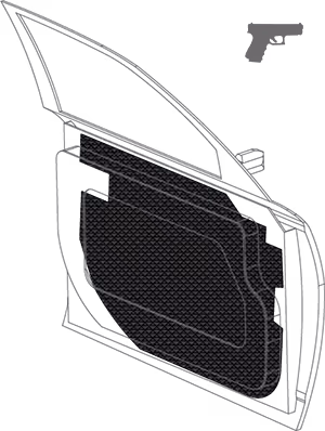 Black composite level IIIA ballistic door panel with textured surface and handgun icon.