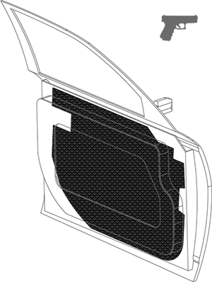 Black composite level IIIA ballistic door panel with textured surface and handgun icon.
