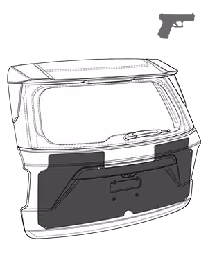 Line drawing of a vehicle hatchback door with a rear window wiper and handle.