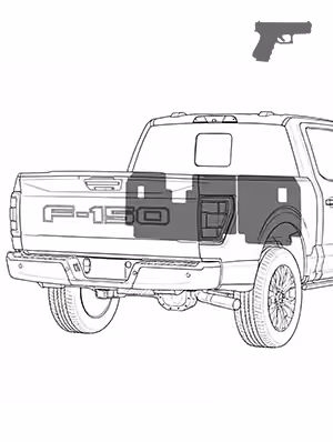 Black silhouette of a handgun over a truck's rear view with the model name F-150 visible.