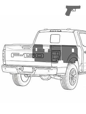 Black silhouette of a handgun over a truck's rear view with the model name F-150 visible.