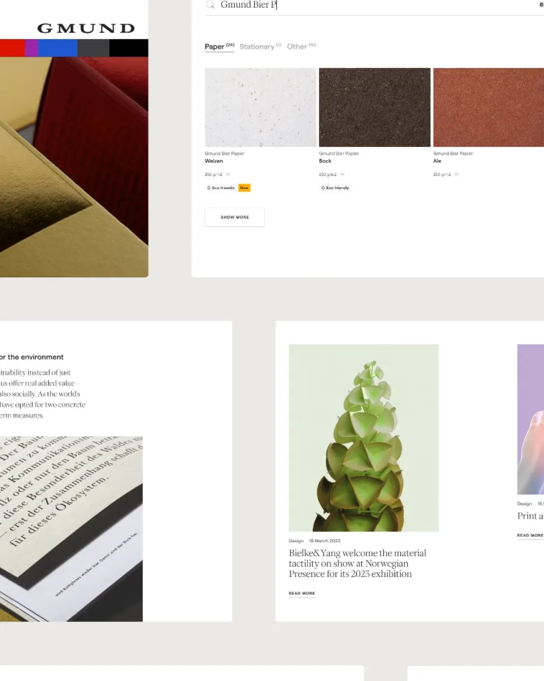Screenshot of a webpage displaying Gmund paper products with color swatches and articles on sustainable material design.
