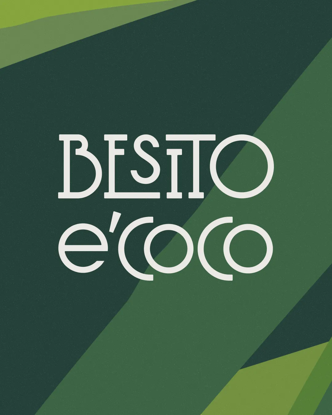 Text reading 'BESTIO e'coco' on a background with green abstract leaf shapes.