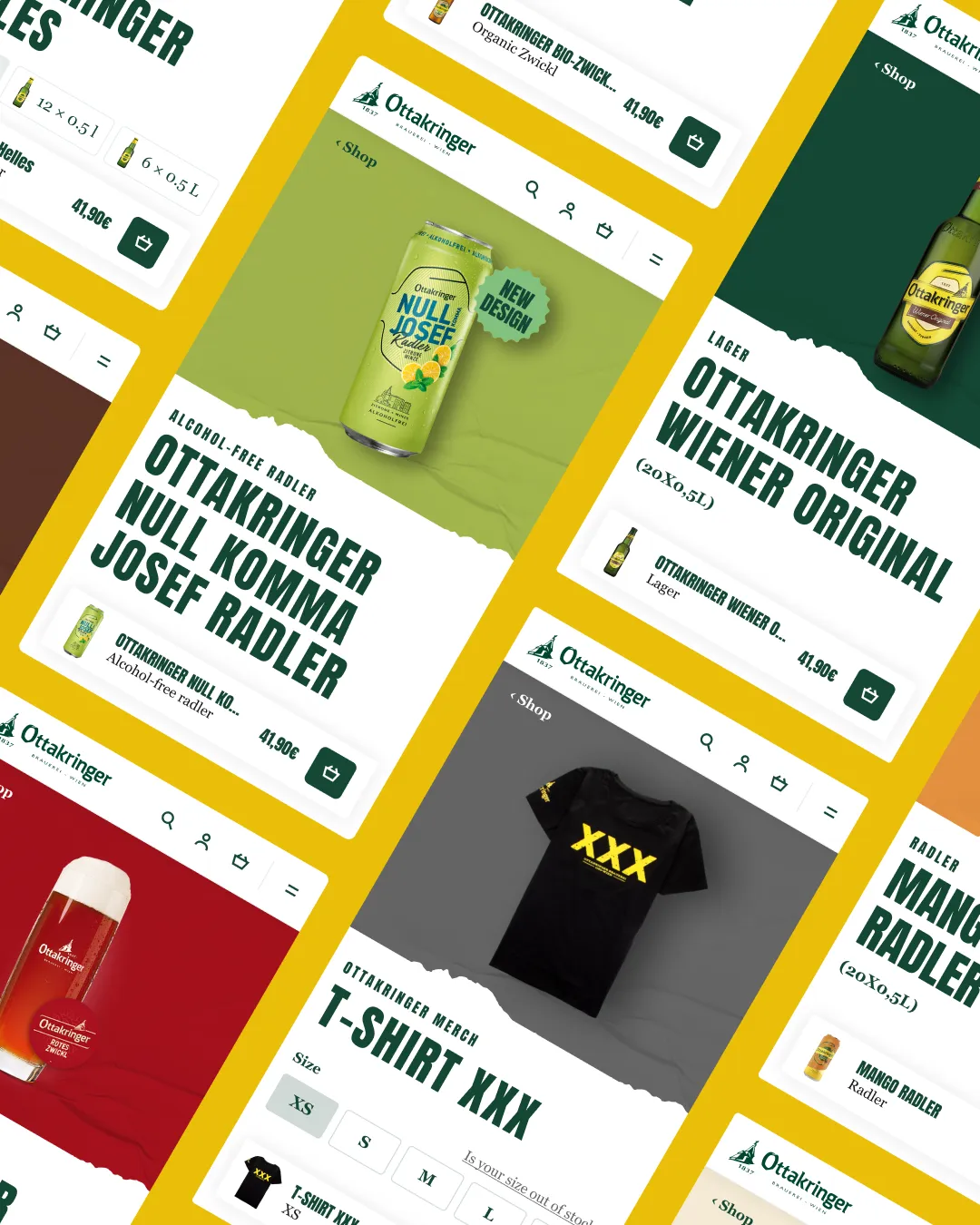 Screenshot of Ottakringer online shop featuring products including Ottakringer Null Komma Josef Radler can, Ottakringer Wiener Original beer bottle, and Ottakringer T-Shirt XXX.