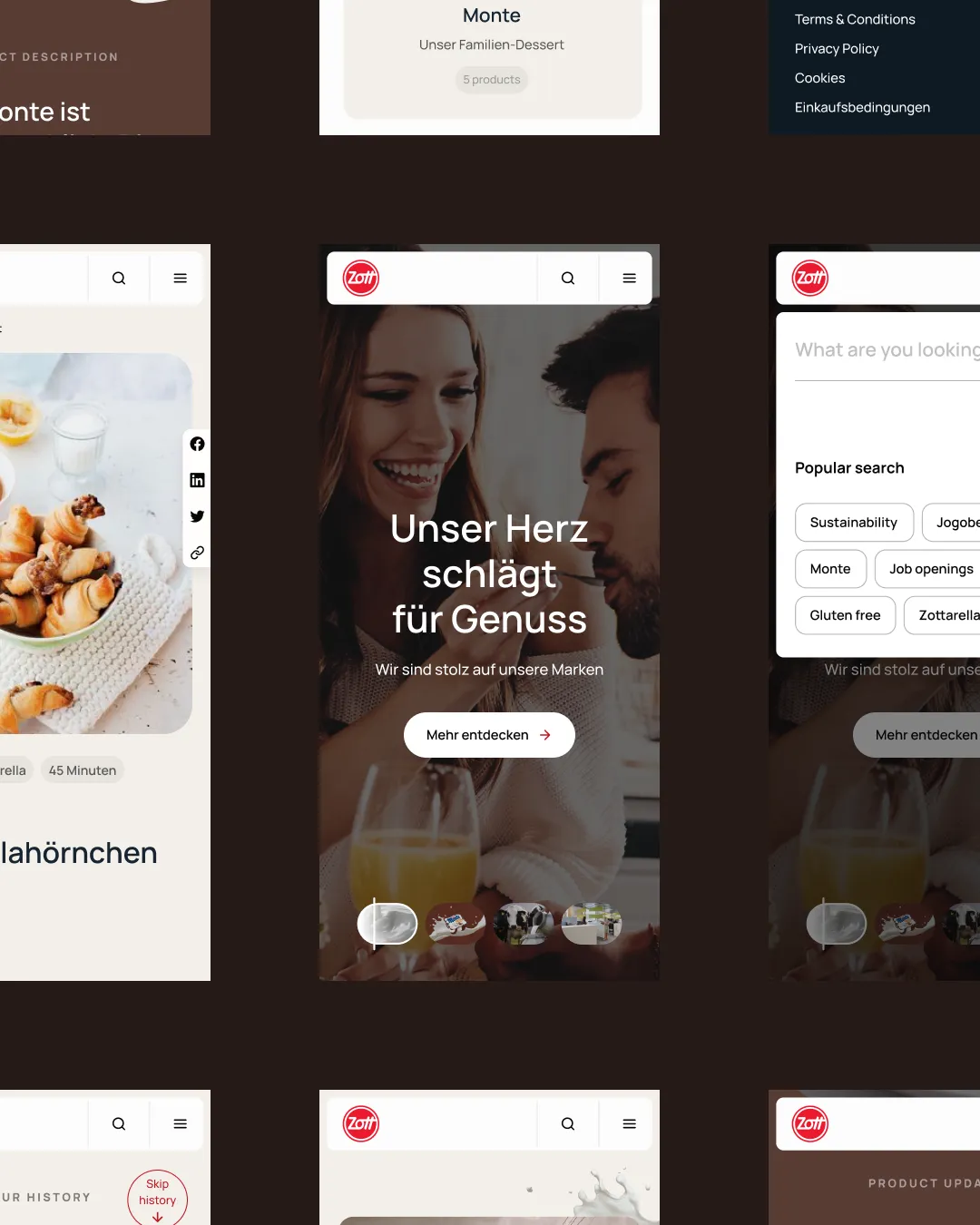 Smartphone screen showing a smiling woman feeding a man a spoonful of food with orange juice on the table and German text about enjoying taste.