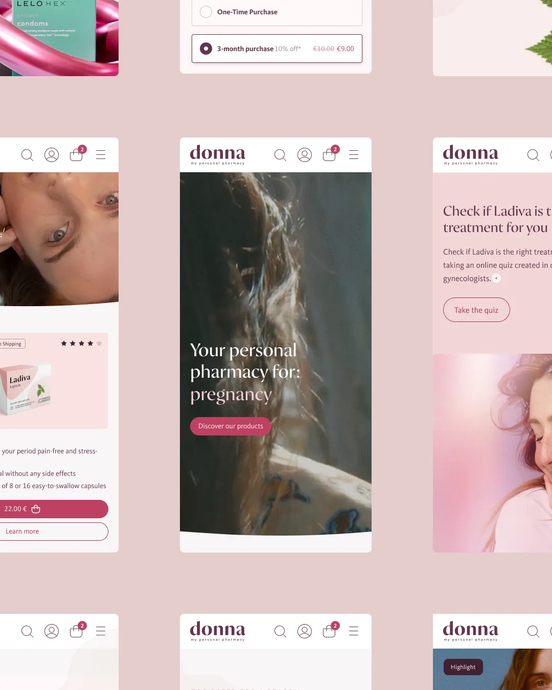 Smartphone screen showing Donna personal pharmacy app homepage with a woman’s back and text, 'Your personal pharmacy for: pregnancy' and a button 'Discover our products'.