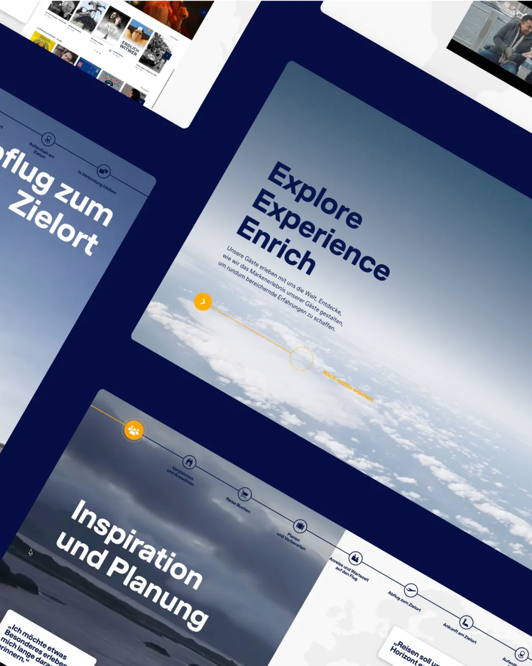 Digital screens displaying travel-related content with text 'Explore Experience Enrich' over a sky view and 'Inspiration und Planung' on a coastal landscape background.