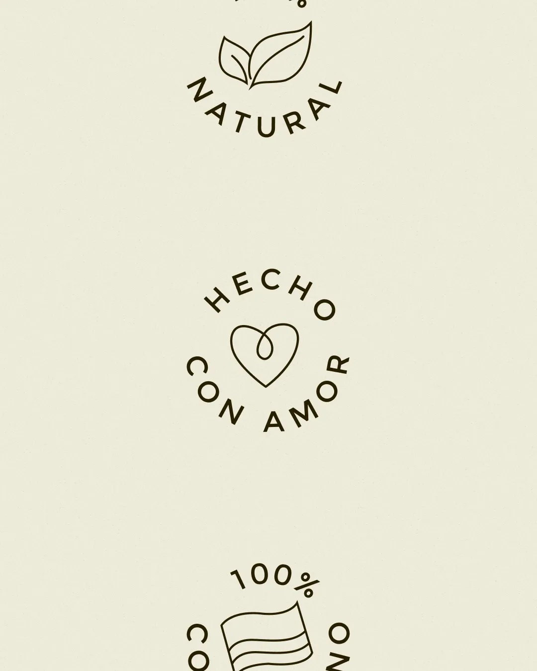 Three circular badges with icons and text: top leaf icon with Natural, middle heart icon with Hecho Con Amor, bottom flag icon with 100% Colombiano.