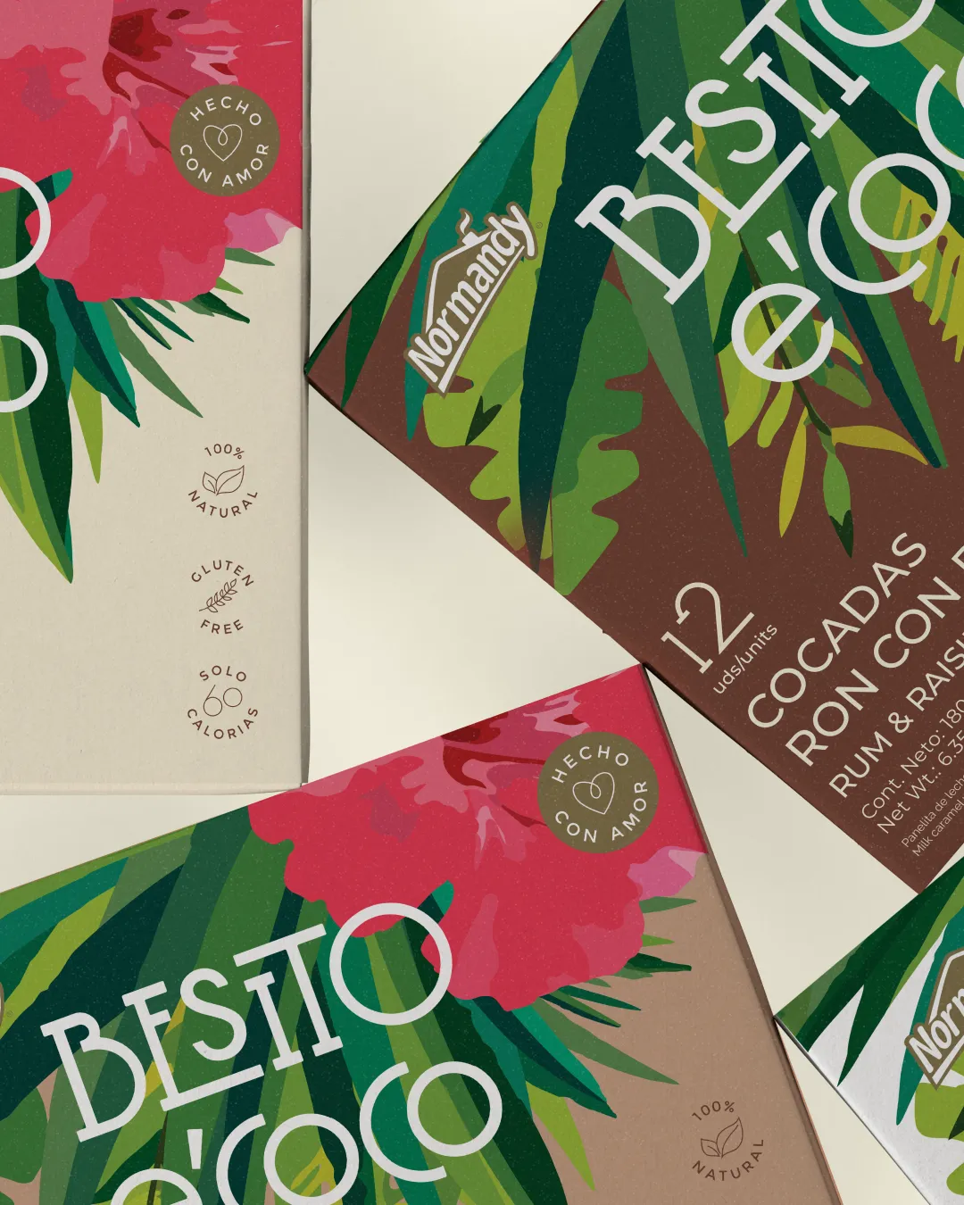 Packaging for Bestio d'Coco cocadas with tropical leaf and flower designs, labeled 100% natural, gluten free, and 60 calories per serving.