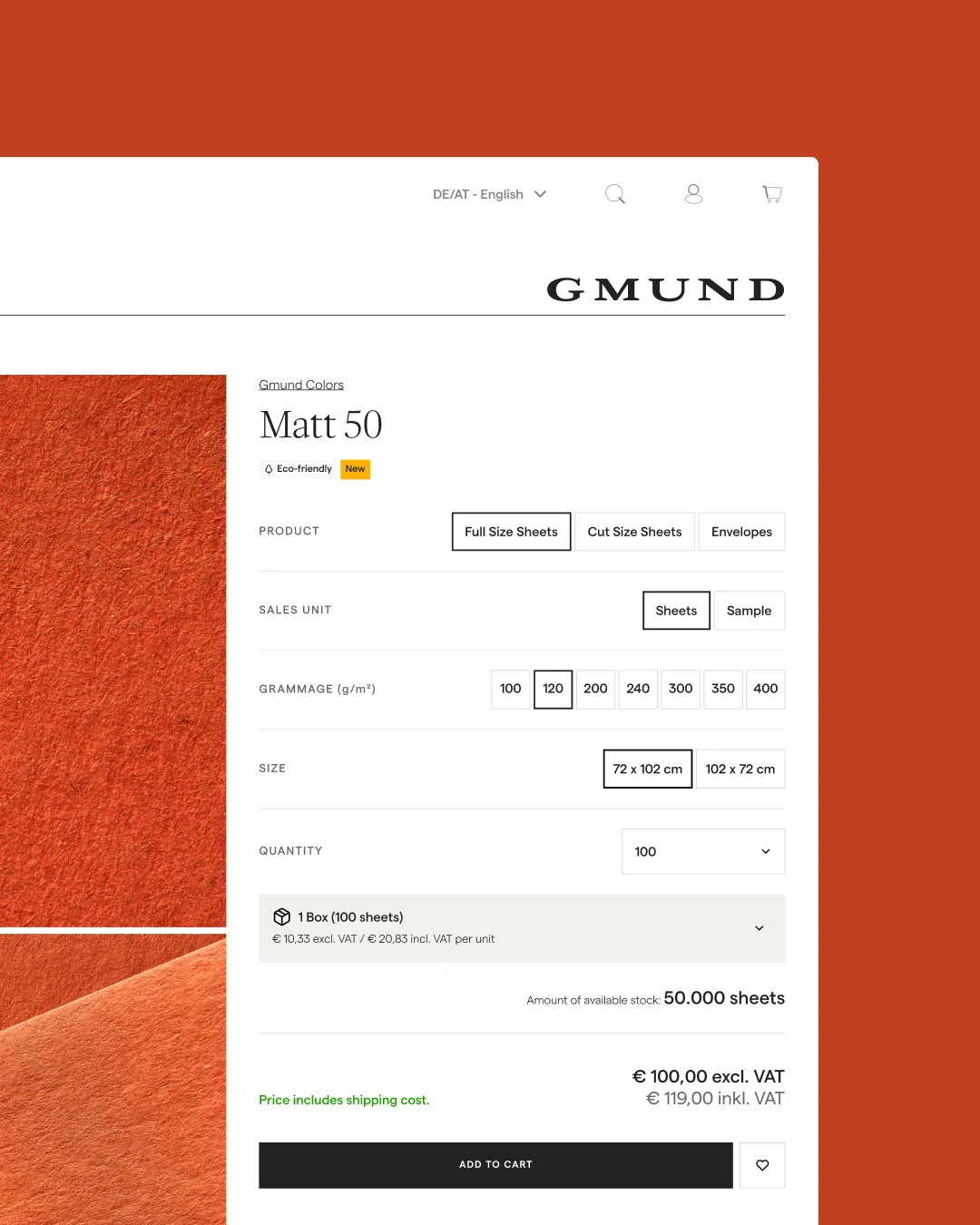 Product page for Gmund Colors Matt 50 eco-friendly paper showing options for full size sheets, sales units, grammage, size, quantity, and pricing details with a sample image of textured orange paper.