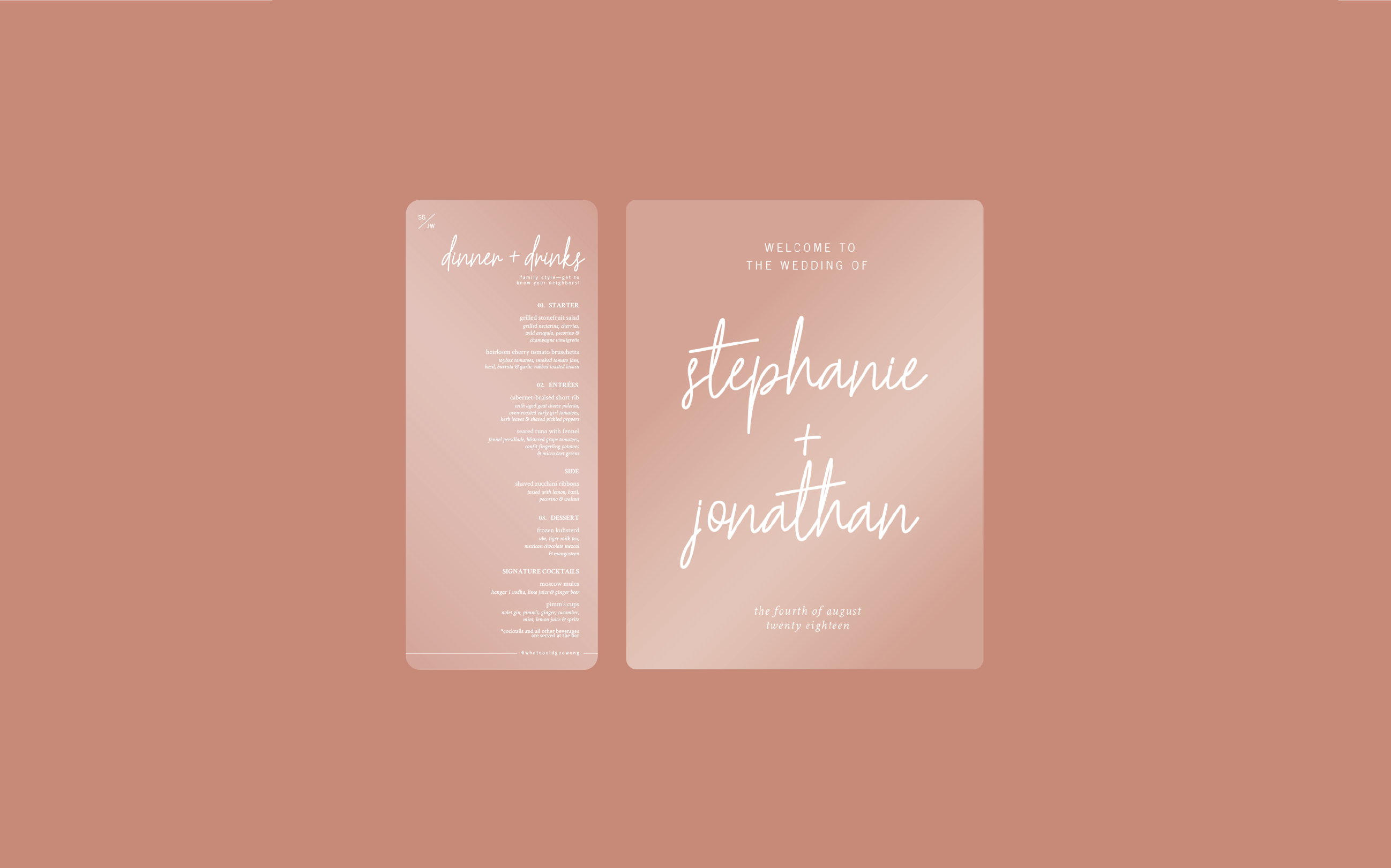 A design by Gloria for signage and printed goods at a wedding.