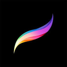 Colorful curved brushstroke logo in gradient hues of yellow, orange, pink, and purple on a black background.