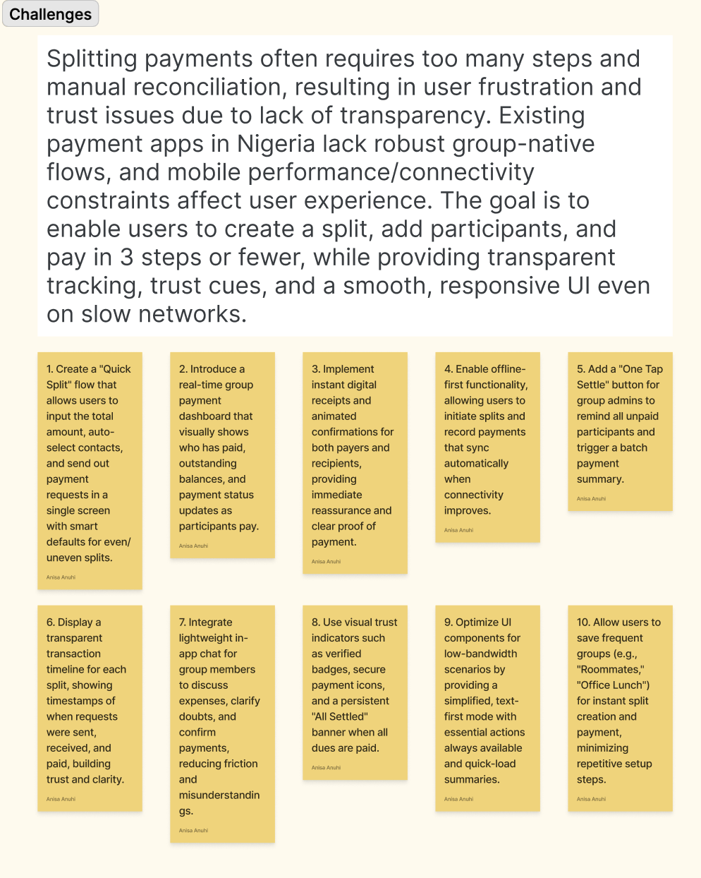 Challenges section describing issues with payment splitting in Nigeria and ten orange sticky notes listing solutions such as quick split flow, real-time group payment dashboard, instant digital receipts, offline-first functionality, one tap settle button, transparent transaction timeline, in-app chat, visual trust indicators, optimized UI for low bandwidth, and saving frequent groups.