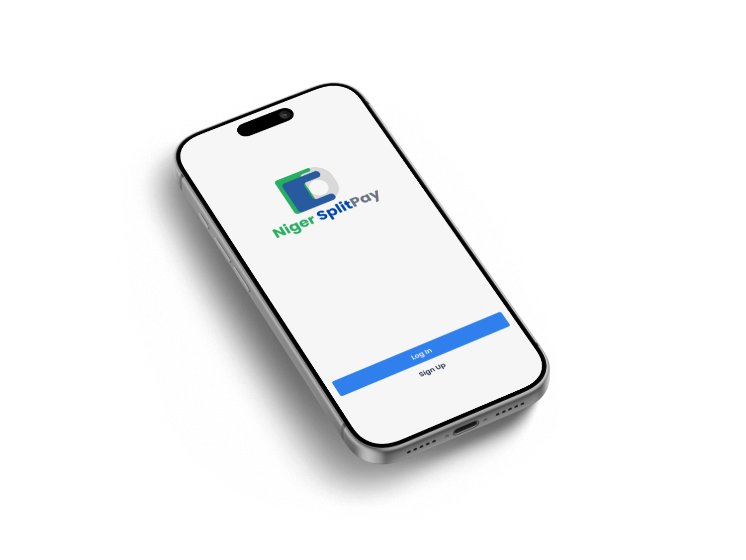 Smartphone displaying Niger SplitPay app login screen with logo, Log In button, and Sign Up link.