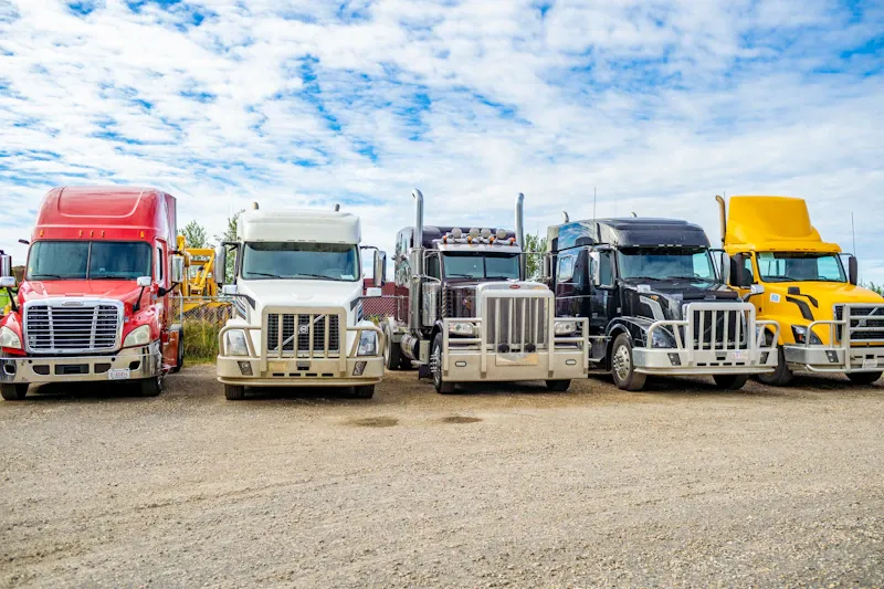 Fleet maintenance with multiple heavy-duty semi trucks parked and ready for service at a repair facility.