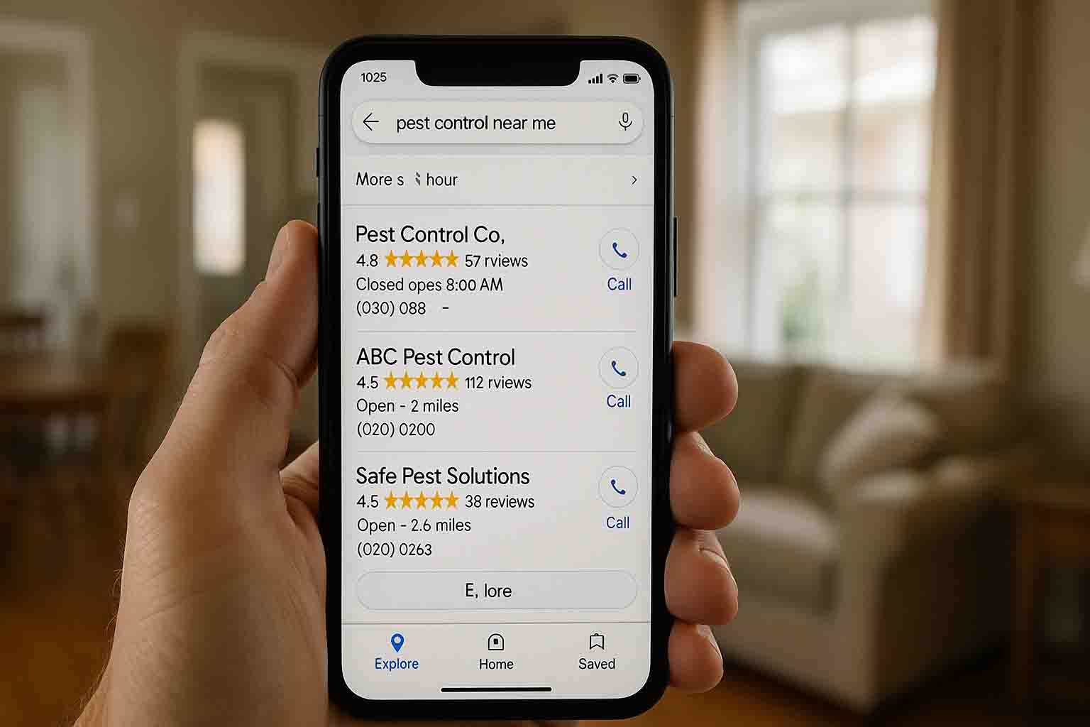 Marketing agency specializing in Google Maps SEO for pest control businesses — homeowner searching ‘pest control near me’ with local listings visible on phone.