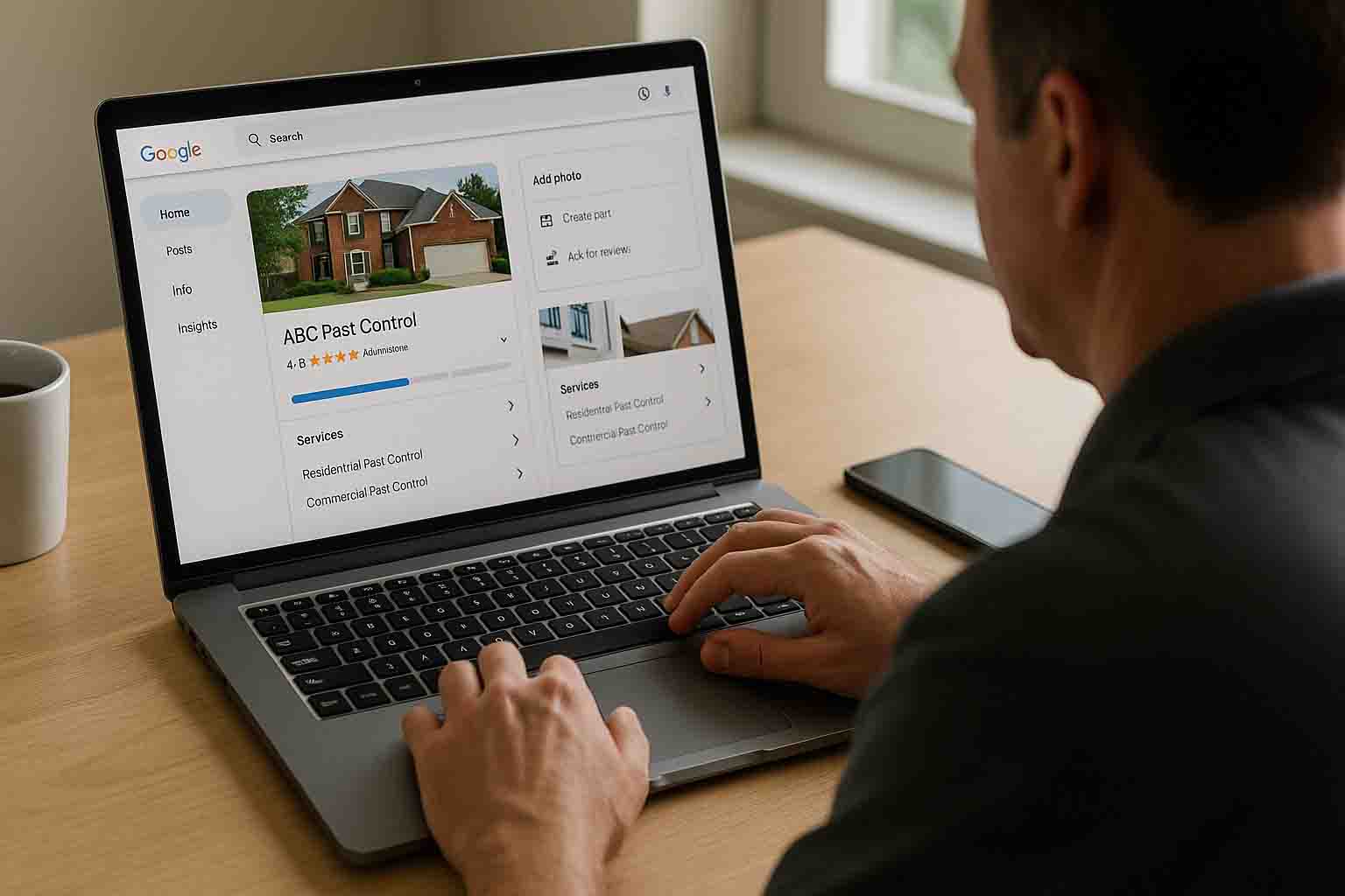 Pest control business owner optimizing Google Business Profile on laptop showing dashboard with photos, reviews, and service listings