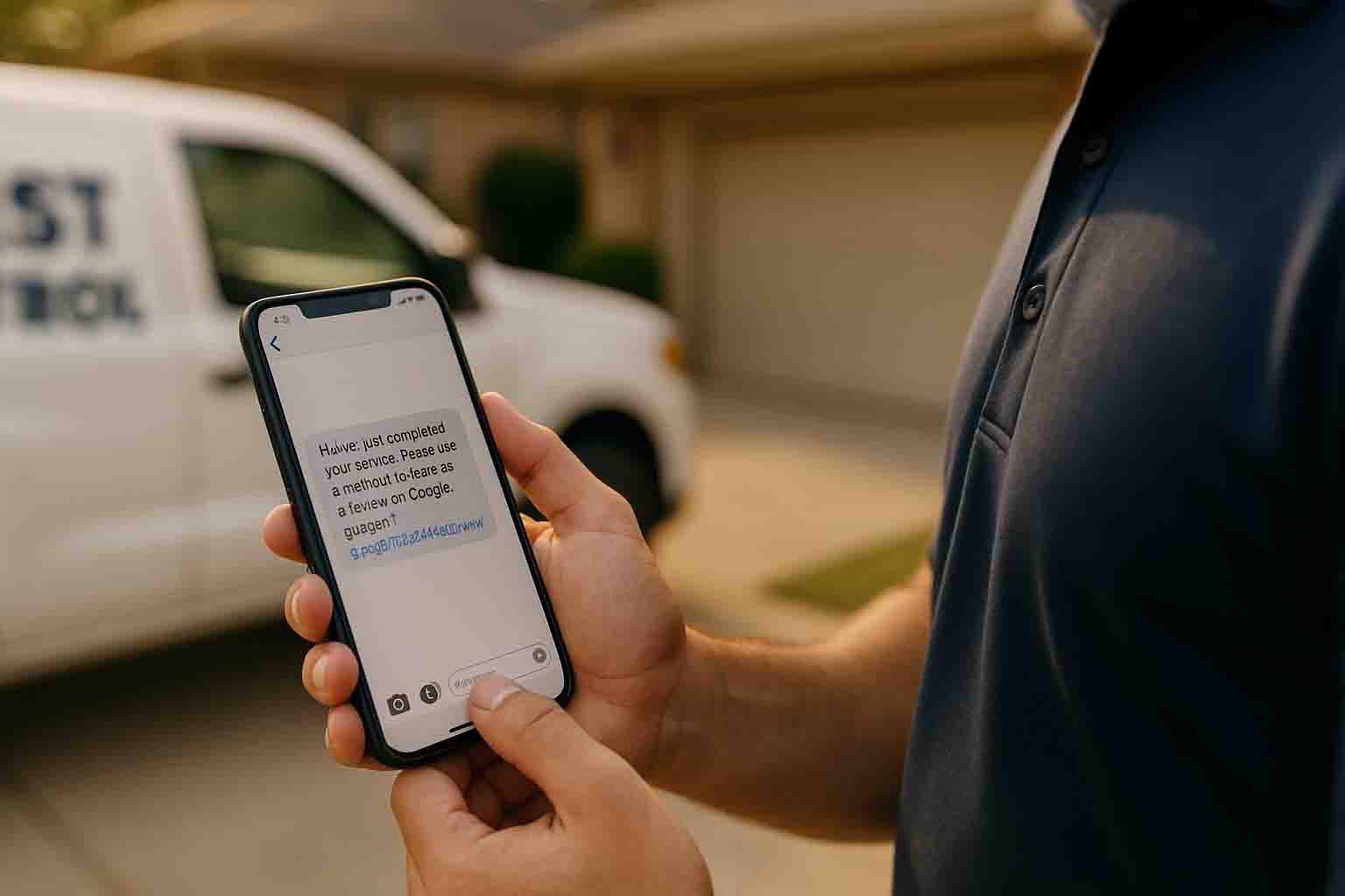 Pest control technician sending Google review request text message to customer on smartphone after completing service with truck visible in background