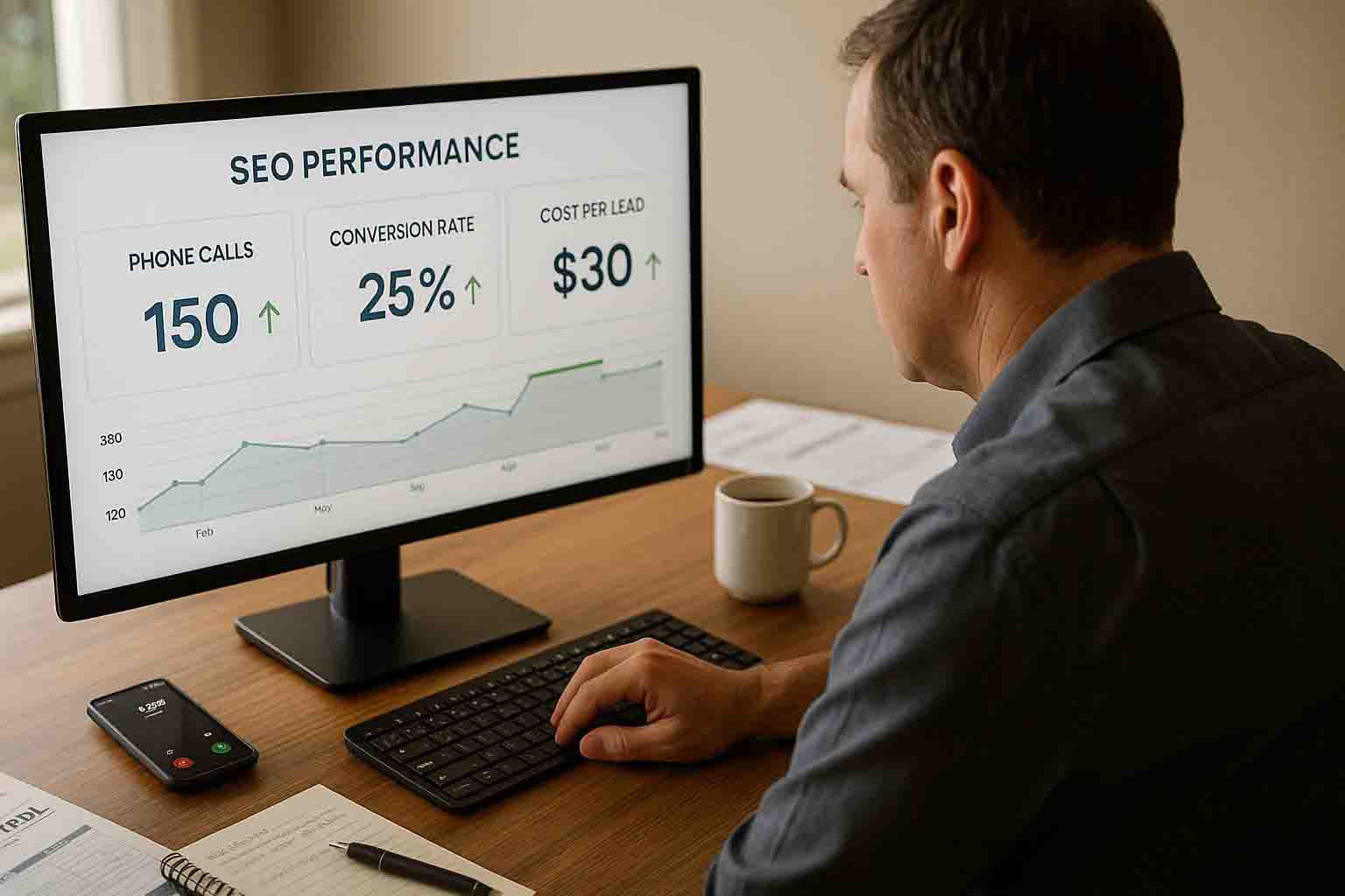 Pest control business owner reviewing simple SEO performance dashboard showing call volume conversion rates and cost per lead metrics on computer screen