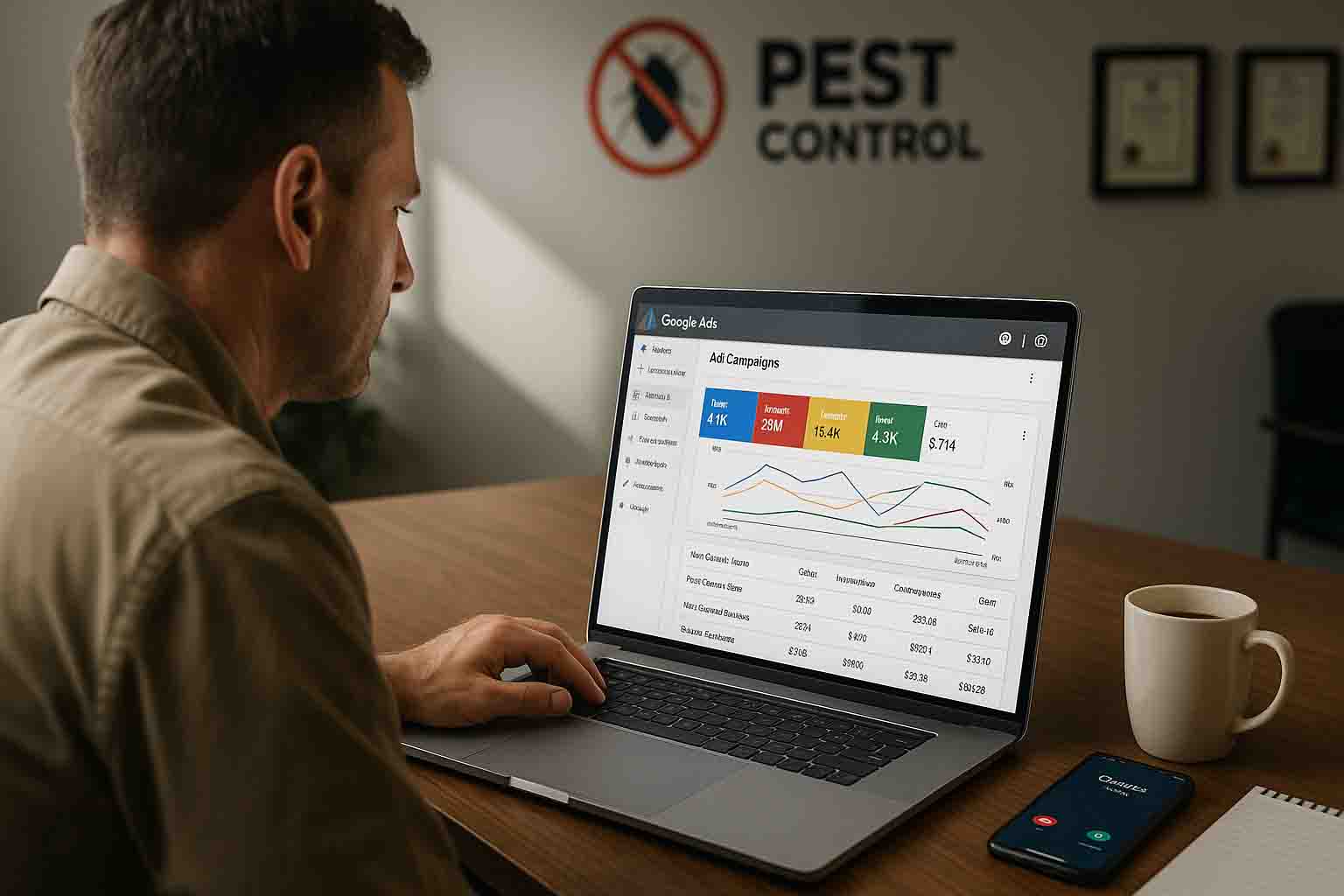 Pest control business owner sitting at a wooden desk viewing the Google Ads dashboard on a laptop screen showing active campaign metrics including clicks, impressions, conversions, and cost data. A smartphone on the desk displays an incoming call notification, with a coffee mug and notepad beside it. The office background shows a pest control logo and framed certifications under soft natural light.