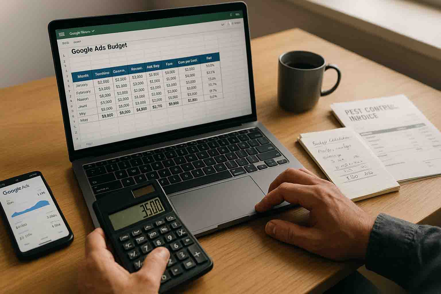 Pest control business owner calculating Google Ads budget on laptop with spreadsheet showing cost per lead and ROI metrics for advertising campaigns