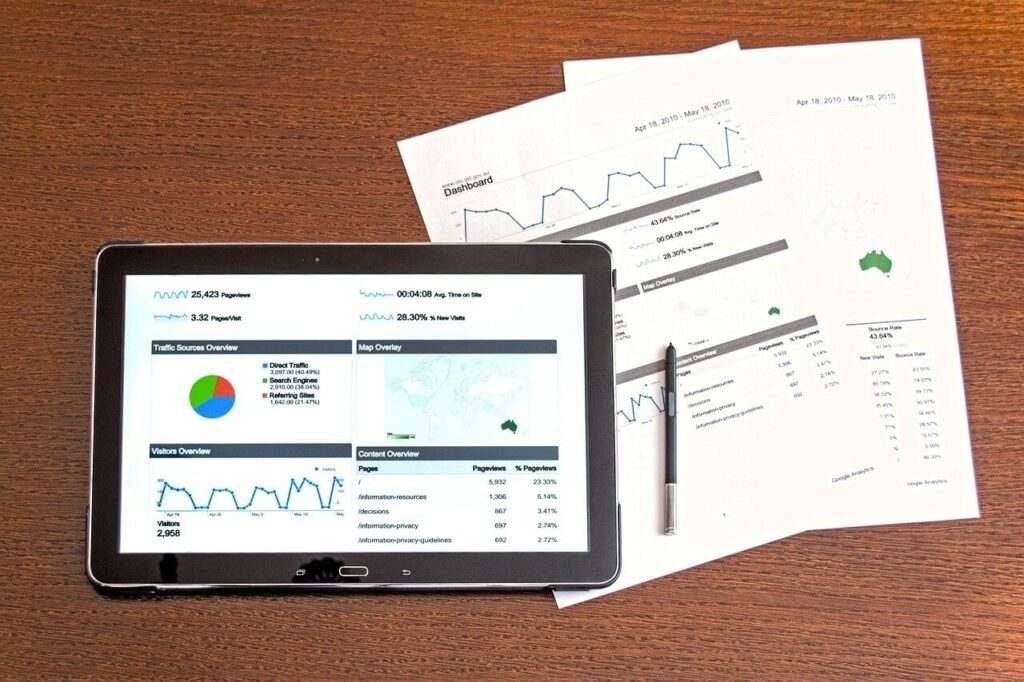 A tablet showing analytics along with some papers