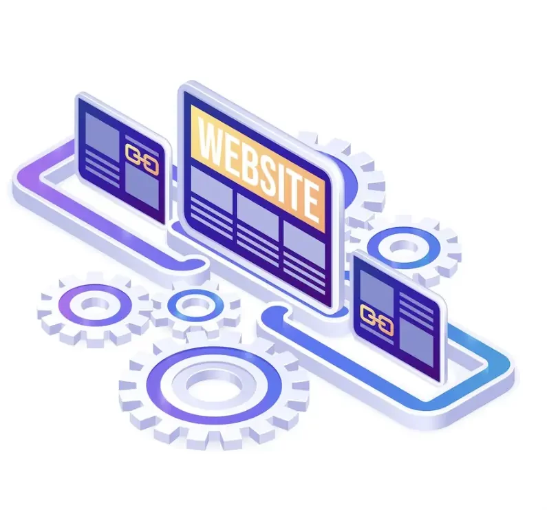 Isometric illustration of a computer screen displaying 'WEBSITE' connected to smaller screens with chain link icons and surrounded by gears, symbolizing website development or linkage.