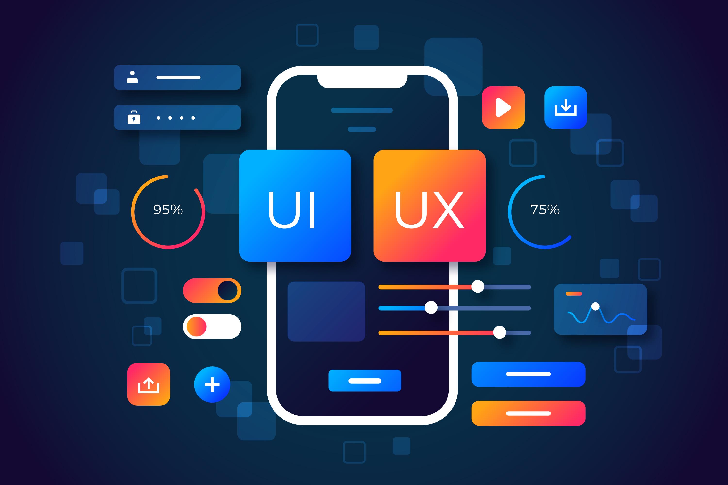 Smartphone outline surrounded by colorful UI and UX design elements, including sliders, toggles, progress circles showing 95% and 75%, and various icons on a dark blue background.