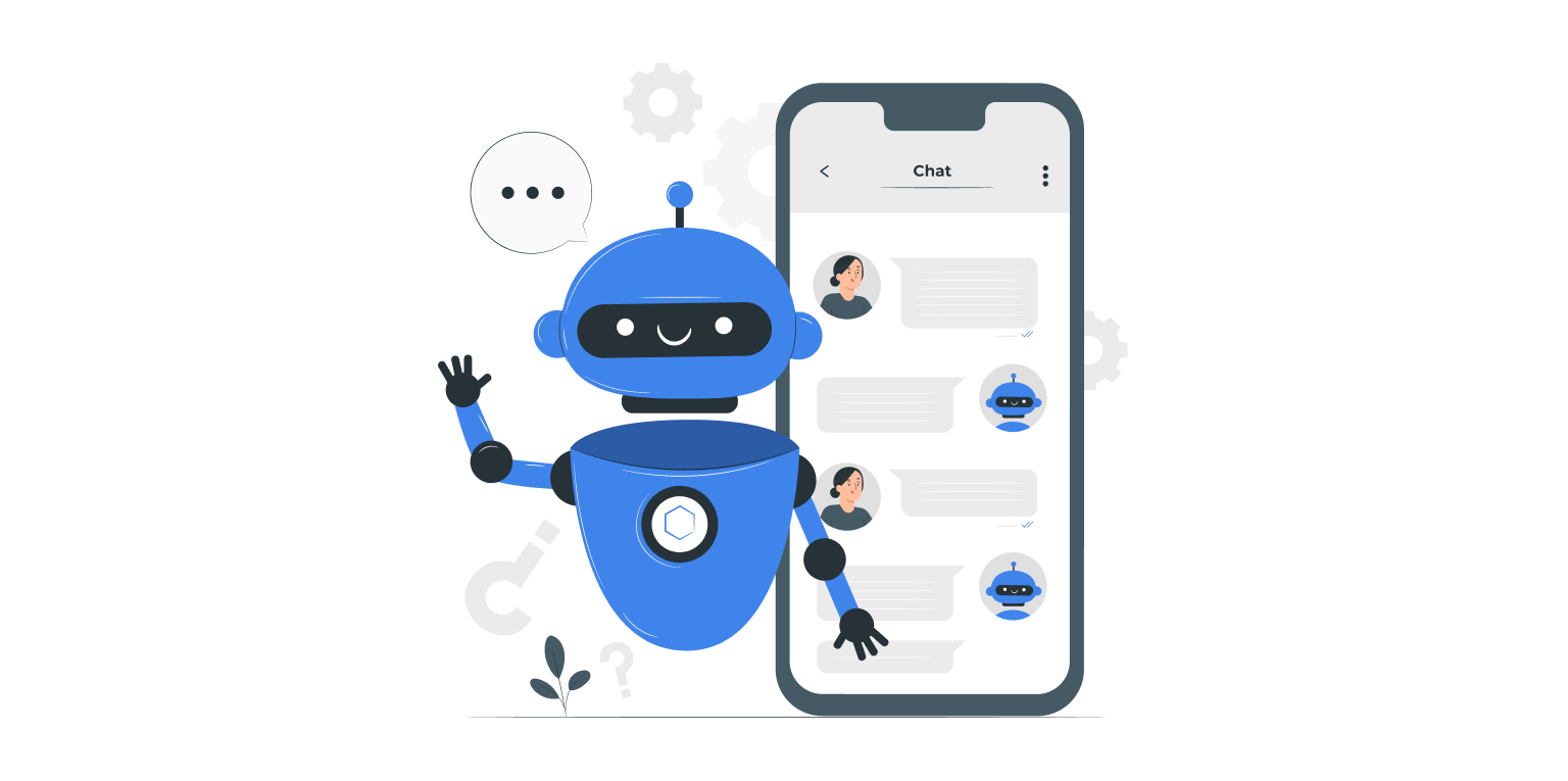 Blue friendly robot waving next to a smartphone screen showing a chat conversation between a person and the robot.