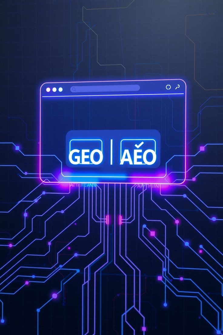 Neon digital interface with a browser window displaying 'GEO' and 'AEO' connected by glowing circuit lines on a dark background.