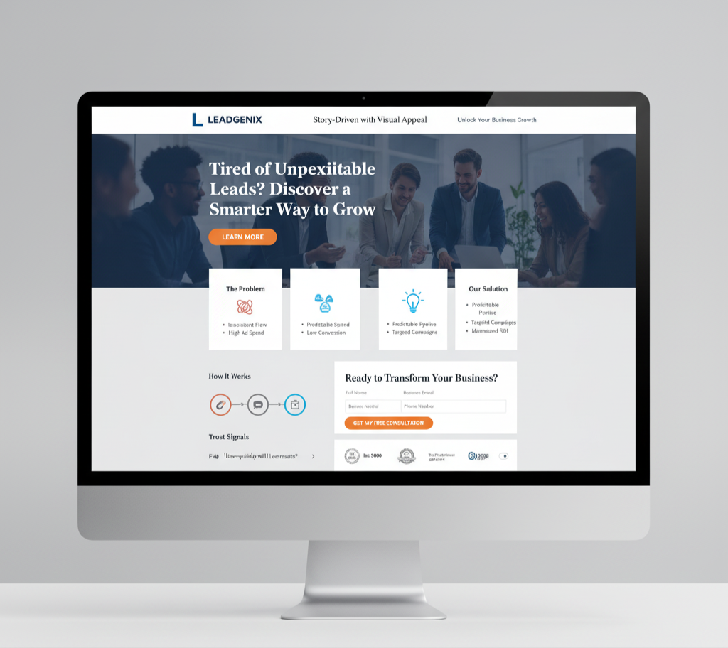 LeadGenix website homepage showing a headline about smarter ways to grow leads, solution overview, and a consultation form.