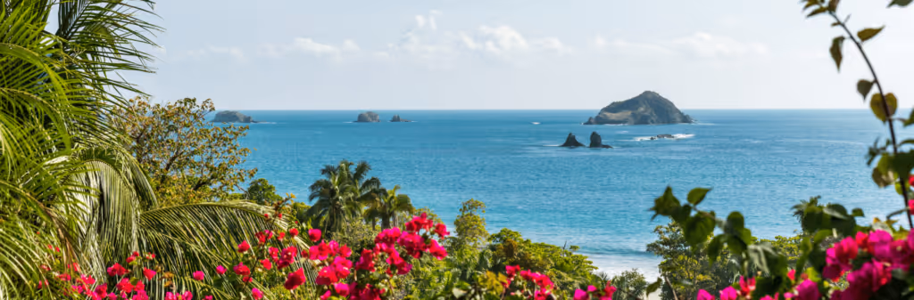 A view of the Costa Rican coast, framed by bright pink flowers and tropical foliage. The clear blue ocean stretches out to the horizon, dotted with several small, tree-covered islands.