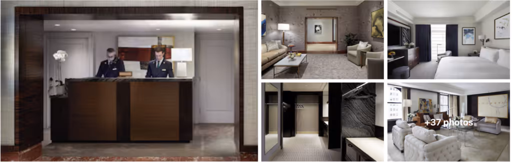 Collage of a hotel reception desk, modern living areas, spacious bedroom, and elegant bathroom.